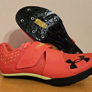 The Under Armour HOVR Skyline Long Jump Track Spikes in Phoenix Fire/High-Vis